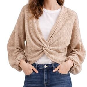 We The Free Beige Waffle Knit Crop Sweater Twist Front Balloon Sleeve Small